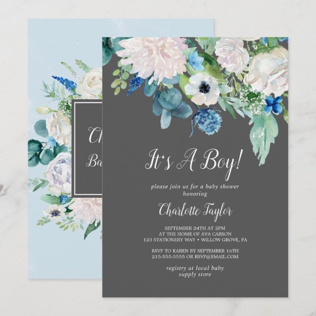 Classic White Flowers Grey It's A Boy Baby Shower Invitation (Front/Back)