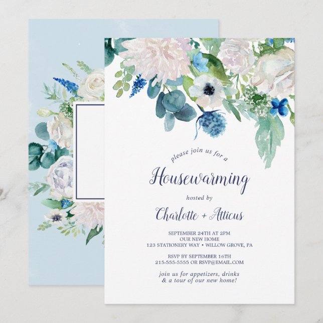 Classic White Flowers Housewarming Party Invitation (Front/Back)