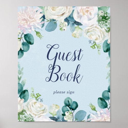 Classic White Flowers  Light Blue Guest Book Sign