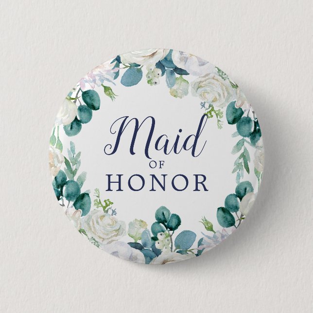 Classic White Flowers Maid of Honor Bridal Shower Button (Front)