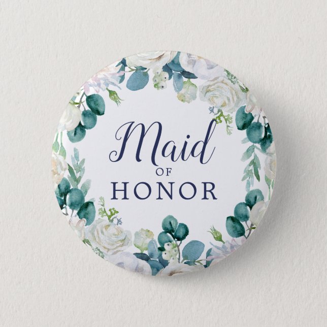 Classic White Flowers Maid of Honor Bridal Shower Button (Front)