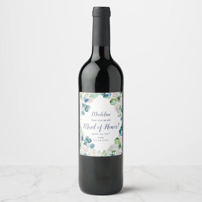 Classic White Flowers Maid of Honor Proposal Wine Label (Front)
