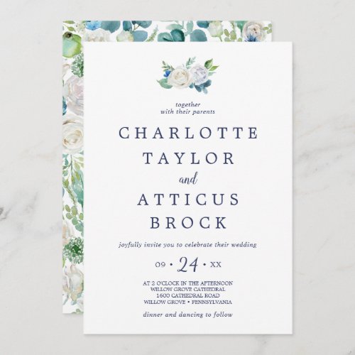 Classic White Flowers Monogram Wedding Invitation