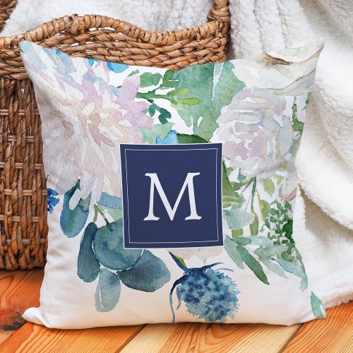 Classic White Flowers Monogrammed Throw Pillow