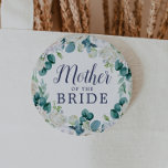 Classic White Flowers Mother of the Bride Button<br><div class="desc">This classic white flowers mother of the bride button is perfect for a spring wedding shower. The elegant floral design features soft ivory and white roses,  peonies,  and chrysanthemum with touches of periwinkle blue watercolor flowers and green foliage.</div>