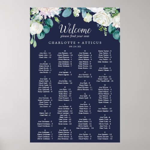 Classic White Flowers Navy Alphabetical Seating Poster