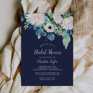Classic White Flowers   Navy Bridal Shower Invitation