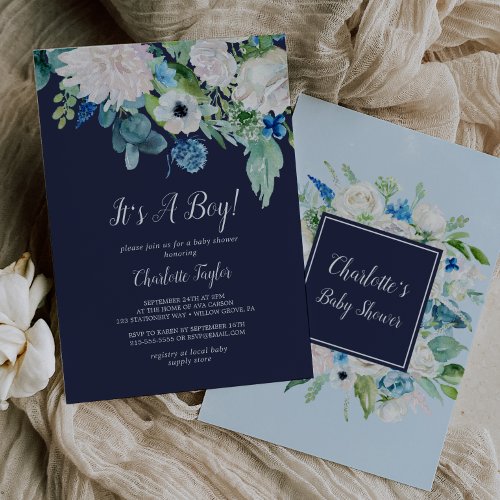 Classic White Flowers Navy Its A Boy Baby Shower Invitation