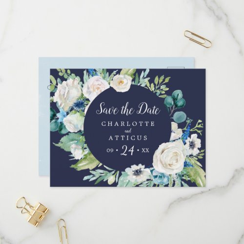 Classic White Flowers Navy Save the Date Postcard
