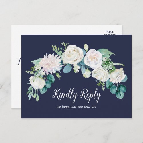 Classic White Flowers  Navy Song Request RSVP Invitation Postcard