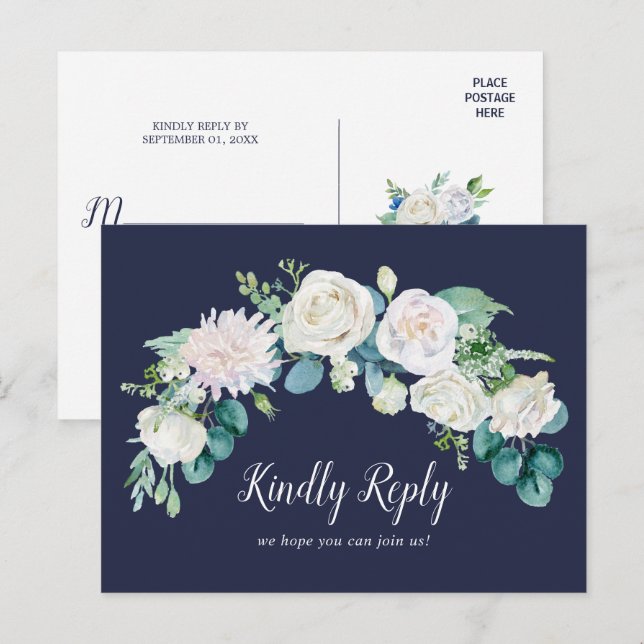 Classic White Flowers | Navy Song Request RSVP Invitation Postcard (Front/Back)