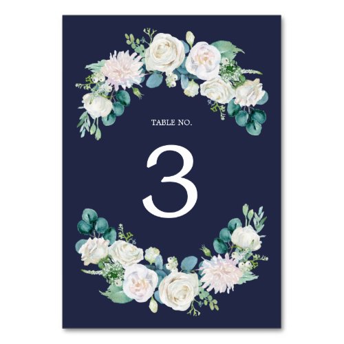 Classic White Flowers  Navy Table Number