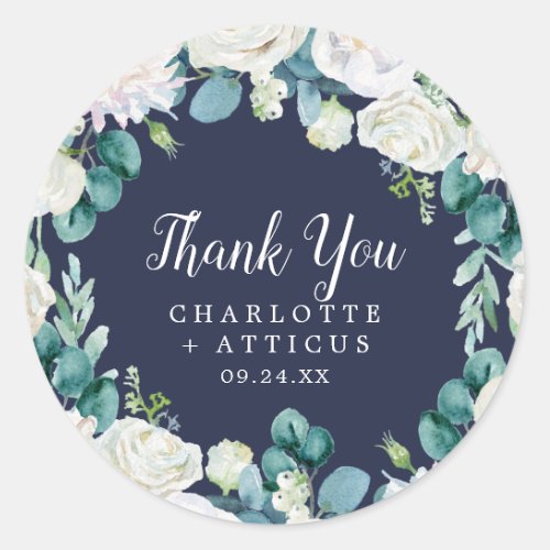 Classic White Flowers Navy Thank You Favor Sticker