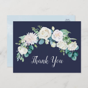 Classic White Flowers Navy Thank You Postcard