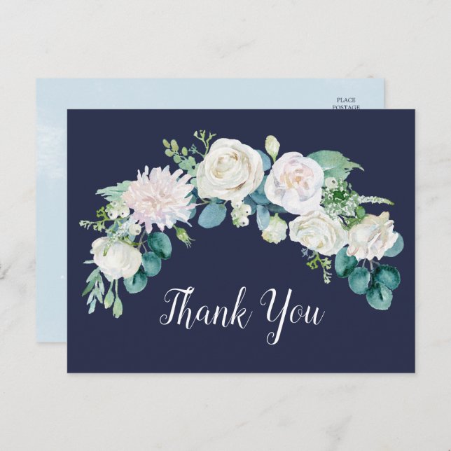 Classic White Flowers | Navy Thank You Postcard (Front/Back)