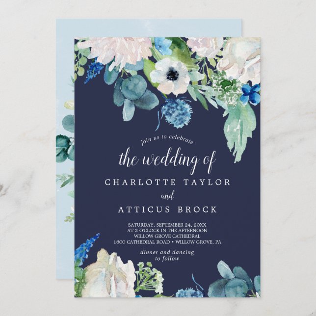 Classic White Flowers | Navy The Wedding Of Invitation (Front/Back)