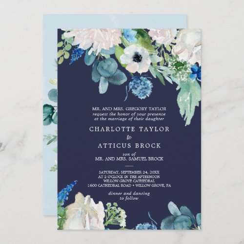 Classic White Flowers  Navy Traditional Wedding Invitation