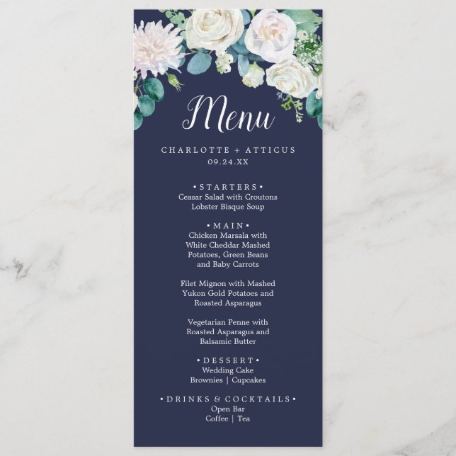 Classic White Flowers | Navy Wedding Dinner Menu (Front)