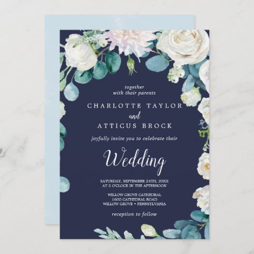 Classic White Flowers  Navy Wedding Invitation