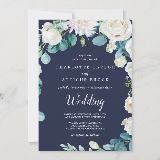 Classic White Flowers | Navy Wedding Invitation | Zazzle