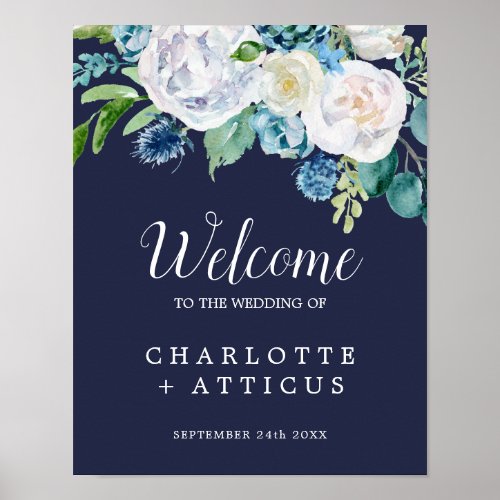 Classic White Flowers  Navy Welcome Wedding Poster
