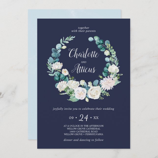 Classic White Flowers | Navy Wreath Casual Wedding Invitation (Front/Back)