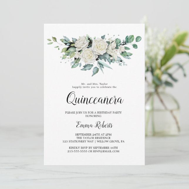 Classic White Flowers Quinceañera Invitation (Standing Front)