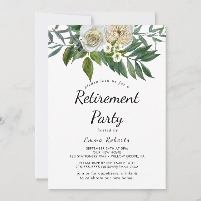 Classic White Flowers Retirement Party Invitation (Front)