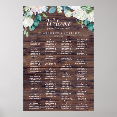 Classic White Flowers Rustic Alphabetical Seating Poster