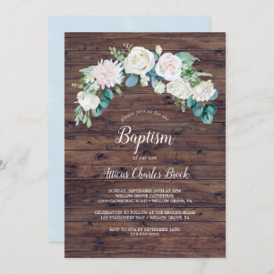 Classic White Flowers Rustic Baptism Invitation