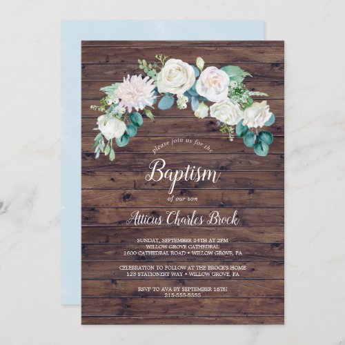 Classic White Flowers  Rustic Baptism Invitation