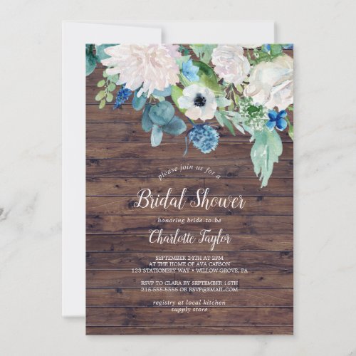 Classic White Flowers  Rustic Bridal Shower Invitation