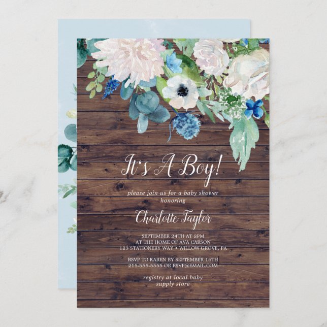 Classic White Flowers Rustic It's A Boy Invitation (Front/Back)
