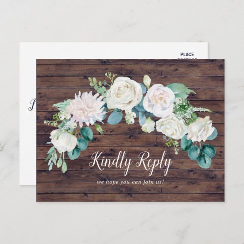 Classic White Flowers  Rustic Menu RSVP Postcard