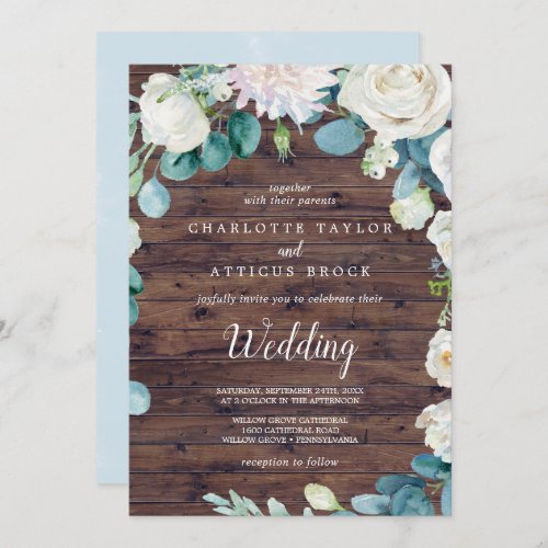Classic White Flowers  Rustic Wedding Invitation