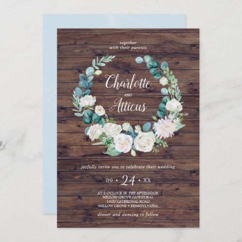 Classic White Flowers Rustic Wreath Casual Wedding Invitation