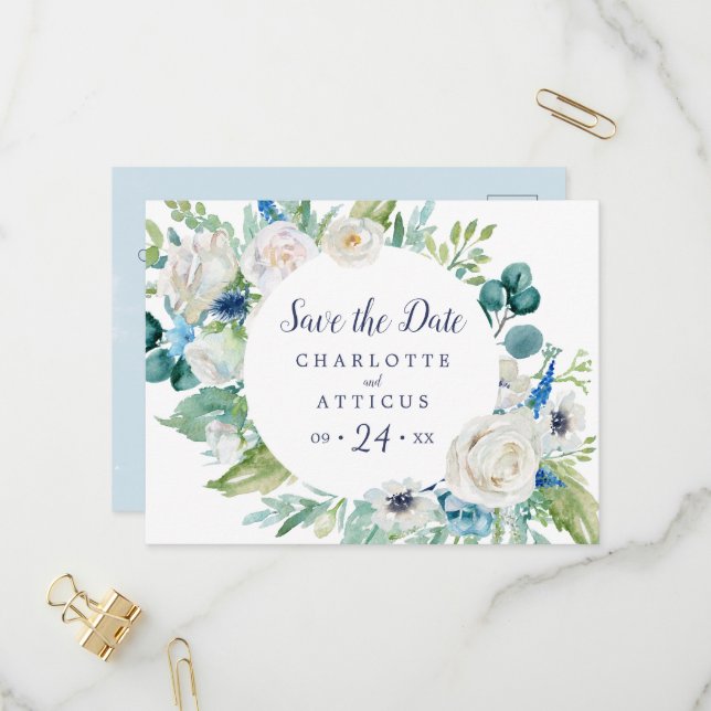 Classic White Flowers Save the Date Postcard (Front/Back In Situ)