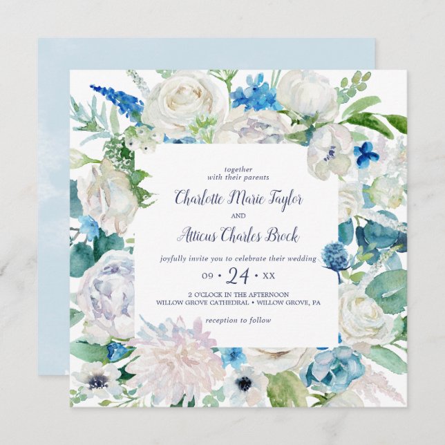 Classic White Flowers Square Wedding Invitation (Front/Back)