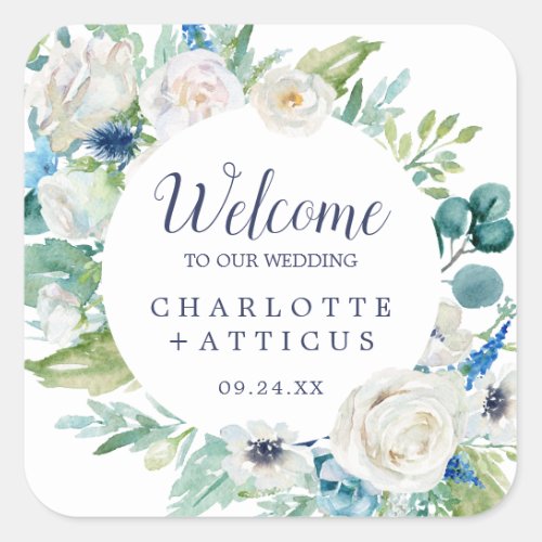 Classic White Flowers Wedding Welcome Square Sticker