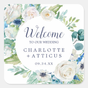 Classic White Flowers Wedding Welcome Square Sticker