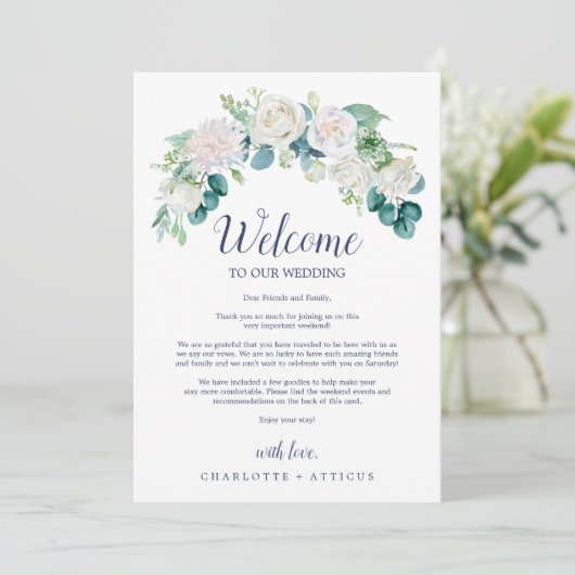 Classic White Flowers Welcome Letter & Itinerary (Standing Front)