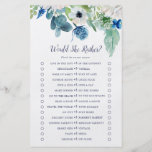 Classic White Flowers Would She Rather Game Flyer<br><div class="desc">This classic white flowers would she rather game is perfect for a spring wedding shower. The elegant floral design features soft ivory and white roses, peonies, and chrysanthemum with touches of periwinkle blue watercolor flowers and green foliage. Personalize the back of the card with the name of the bride and...</div>