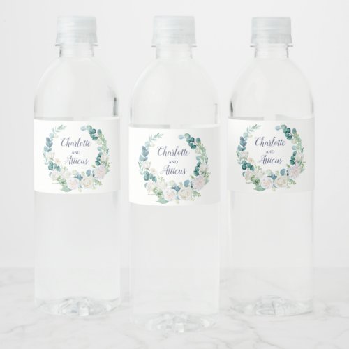Classic White Flowers Wreath Wedding Water Bottle Label