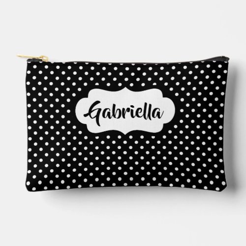 Classic White French Swiss Polka Dots On Black Accessory Pouch