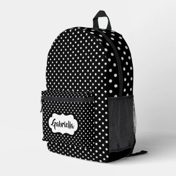 Classic White French Swiss Polka Dots On Black Printed Backpack by All_In_Cute_Fun at Zazzle