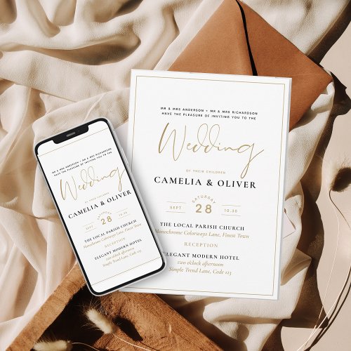 Classic White Gold Printed or Digital Wedding Invitation