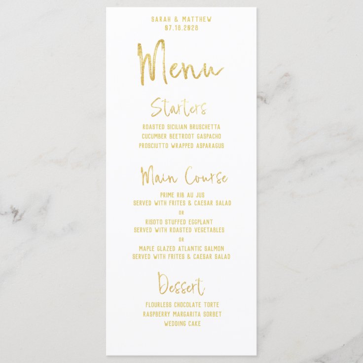 Classic White Gold Script Font Calligraphy Wedding Menu | Zazzle