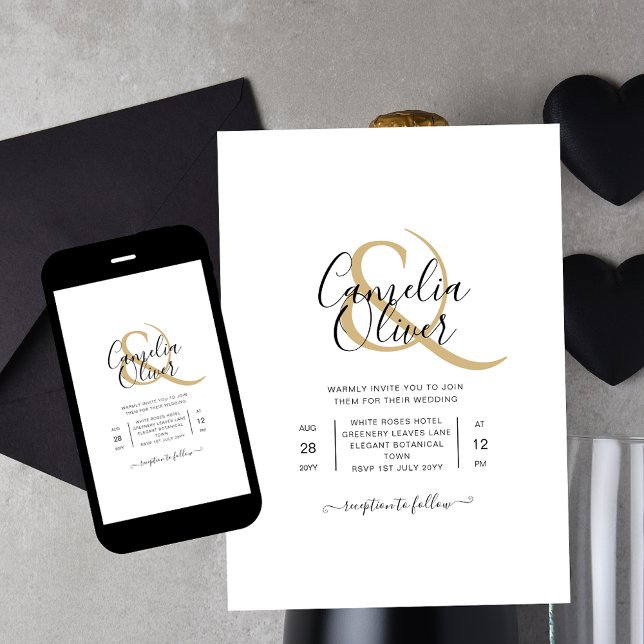 Classic White Gold Script Print or Digital Wedding Invitation (Creator Uploaded)