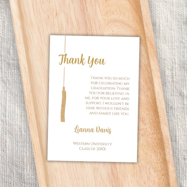 Classic White Gold Tassel Graduation Thank You Card (graduation party thank you card elegant classic golden white tassel)