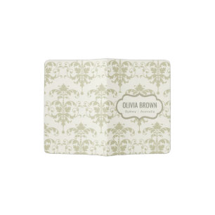 CLASSIC WHITE GREY LEATHER DAMASK PRINT MONOGRAM PASSPORT HOLDER